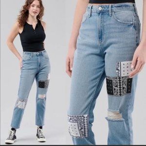 Hollister Jeans Womens 28 Blue Mom Jean Ultra High Rise Bandana Patch Distressed